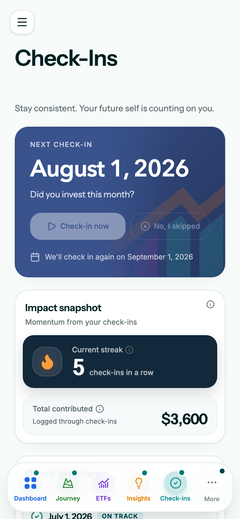 Check-Ins screen showing contribution history and upcoming reminder