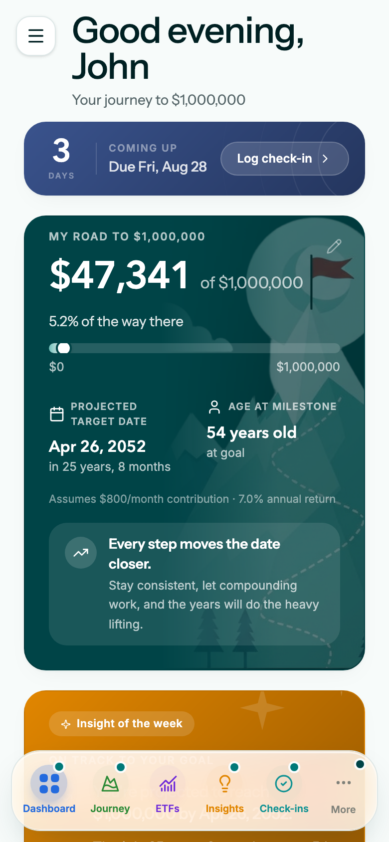 Road to A Million mobile dashboard showing check-ins, net worth progress, and a projected goal date