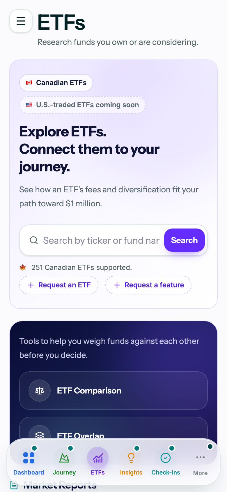 Mobile ETF research screen with fund search, comparison, and overlap tools