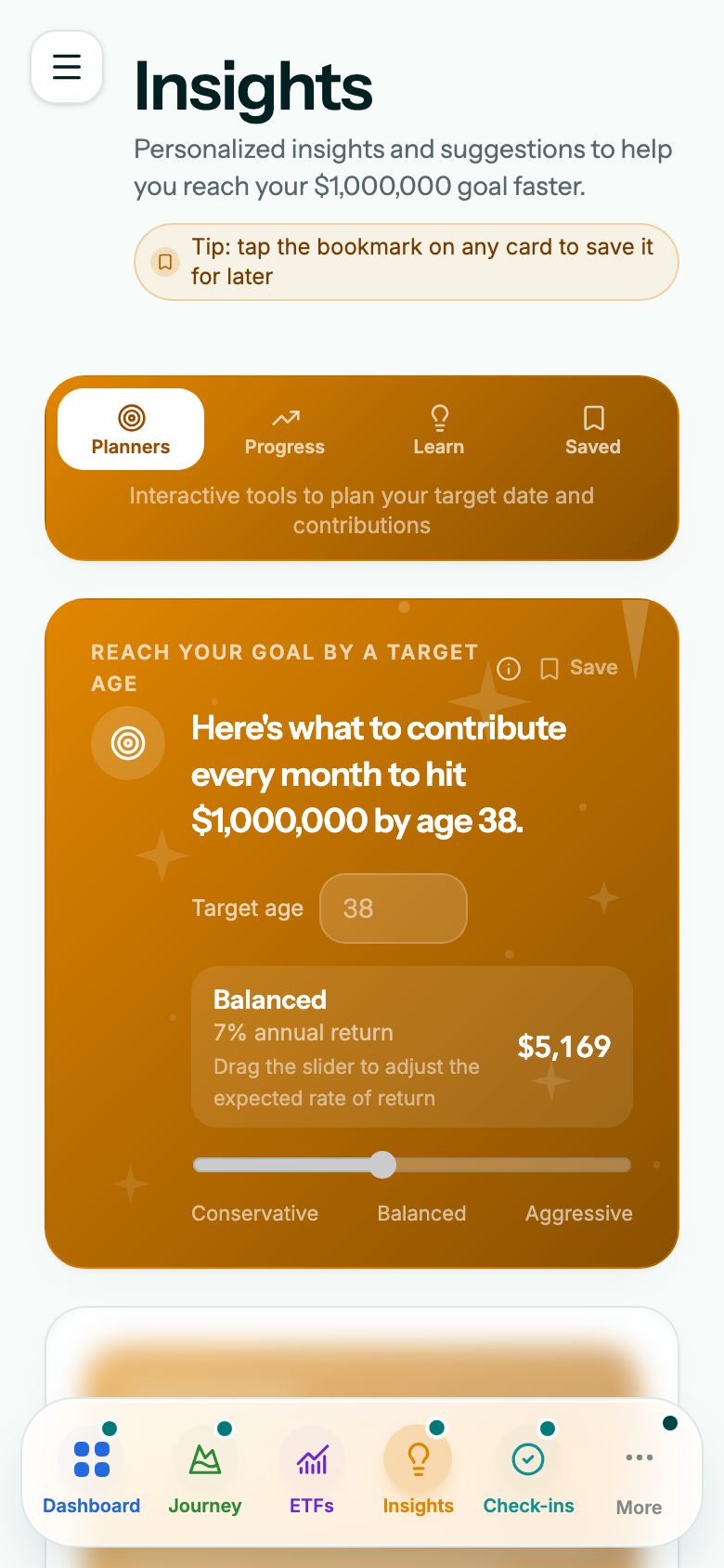 Mobile Insights view with personalized financial guidance and projections